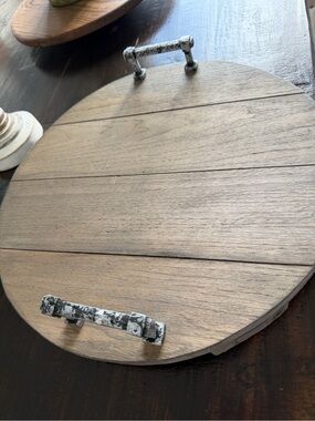 Wooden Round Serving Tray with Distressed Metal Handles - Brown Solid Oak